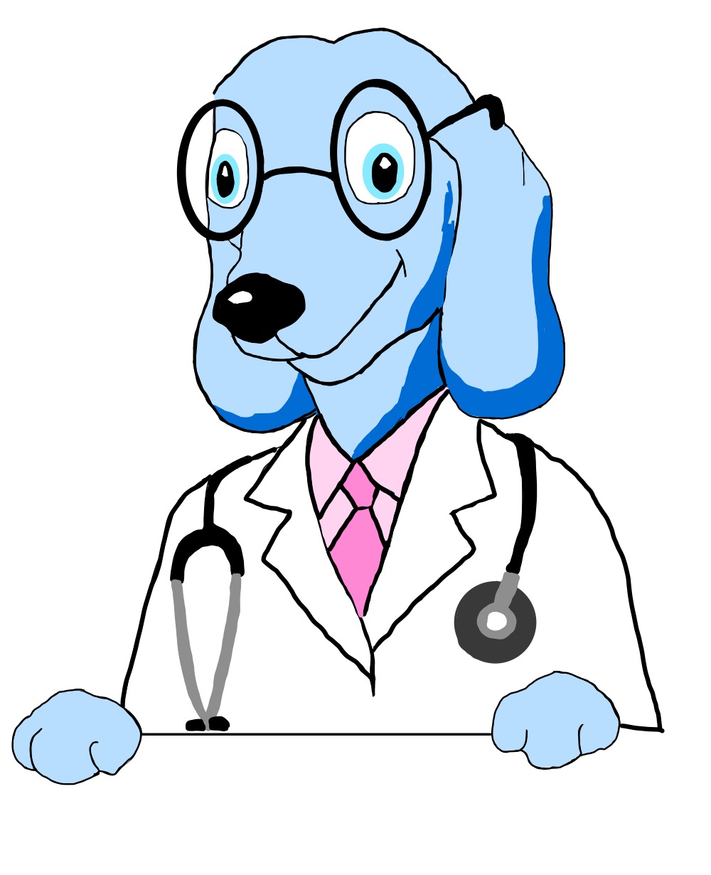 Hand-drawn blue dog in a lab coat and stethoscope, mascot for the AI chatbot