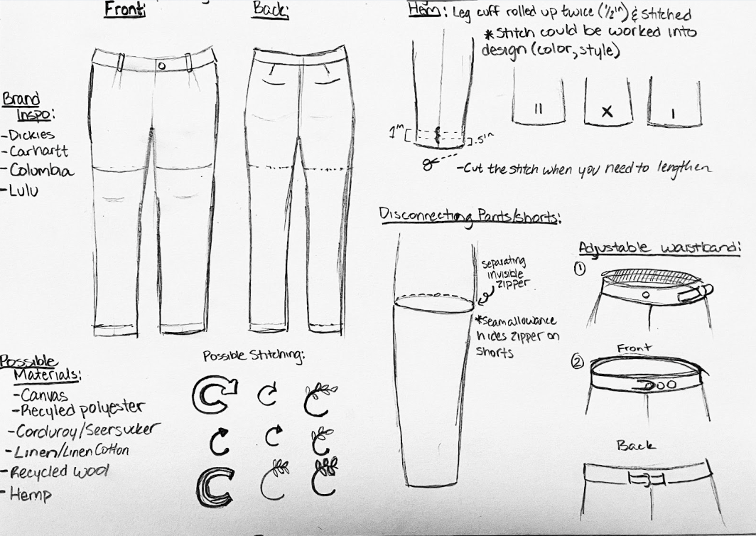 Hand-drawn modular pant design with zippers and adjustable waistband