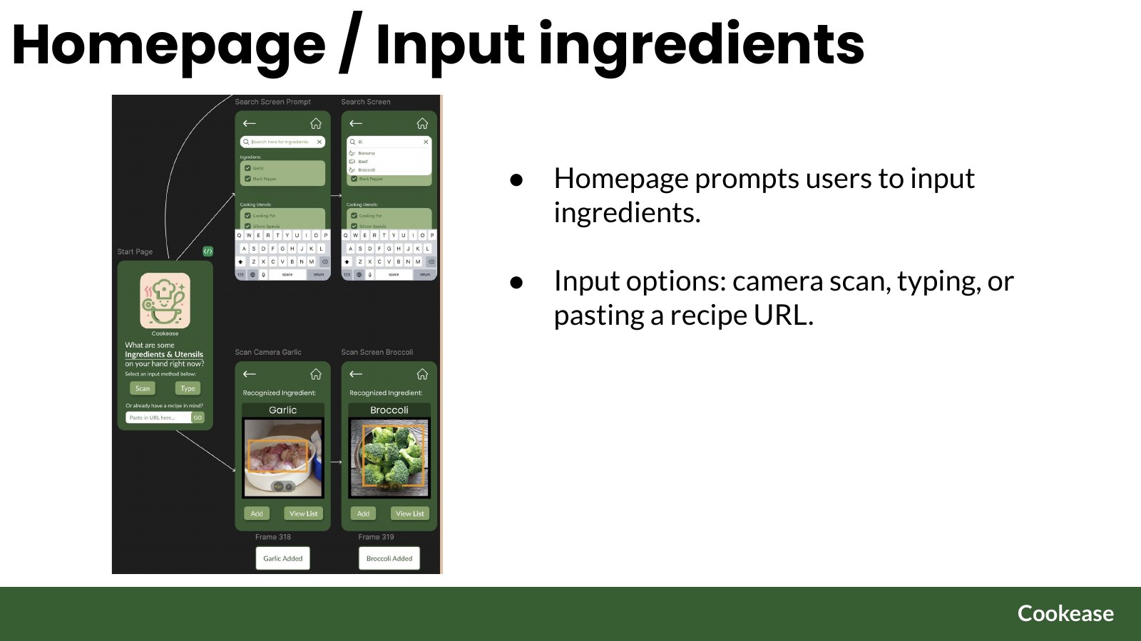 Homepage and ingredient input screens
