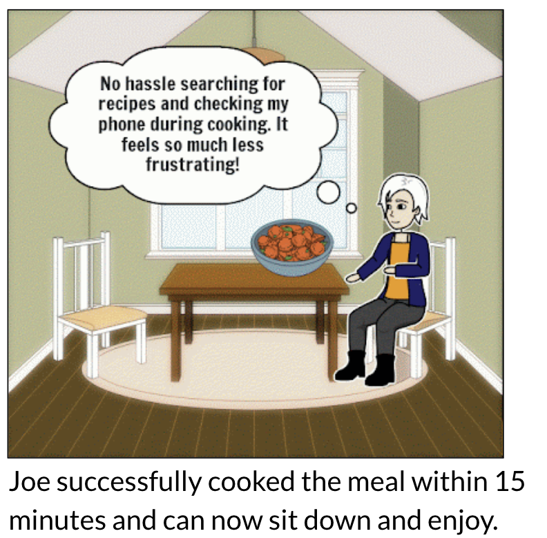 Joe finishes cooking within fifteen minutes and enjoys the meal