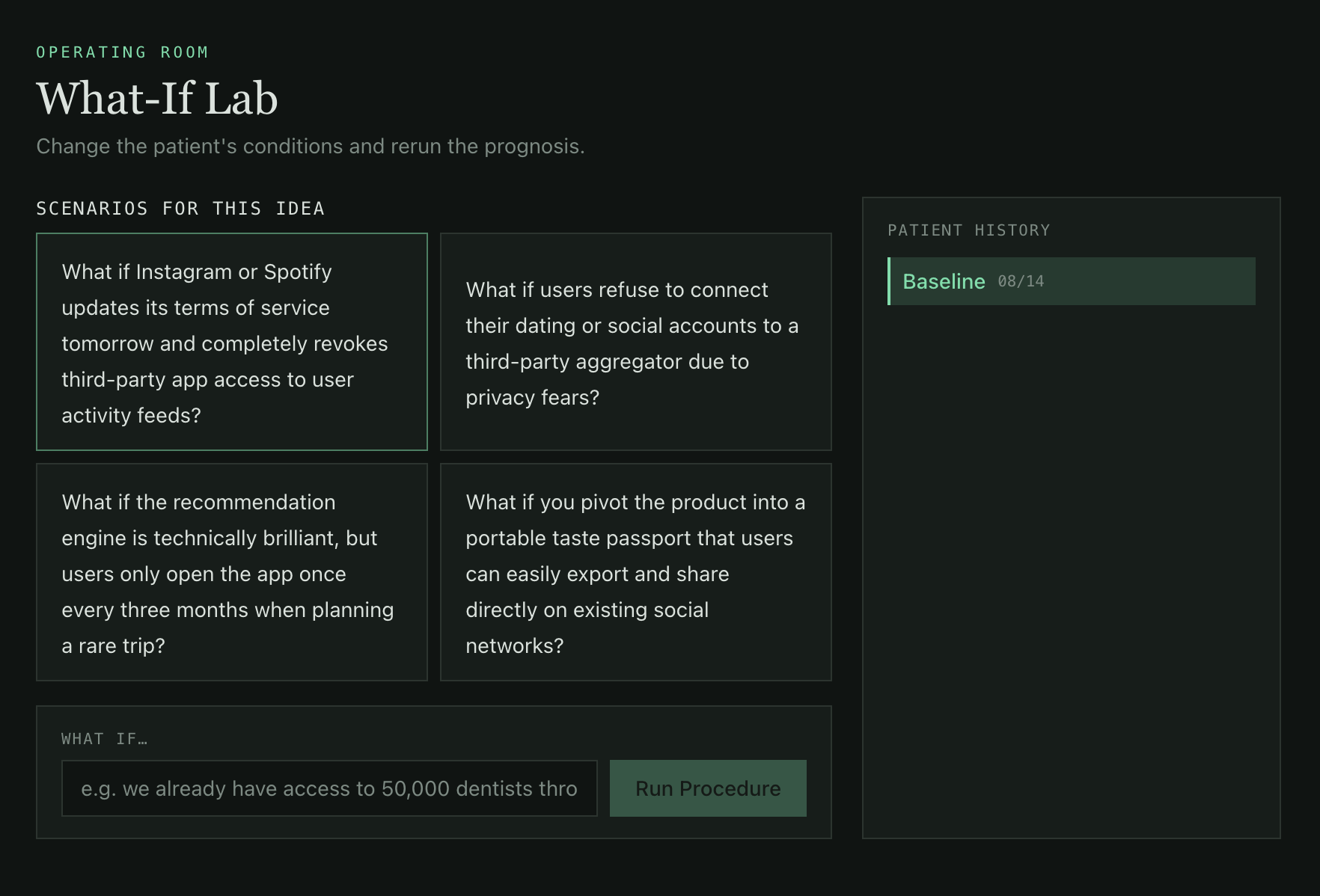 What-If Lab with scenario cards and a run procedure input