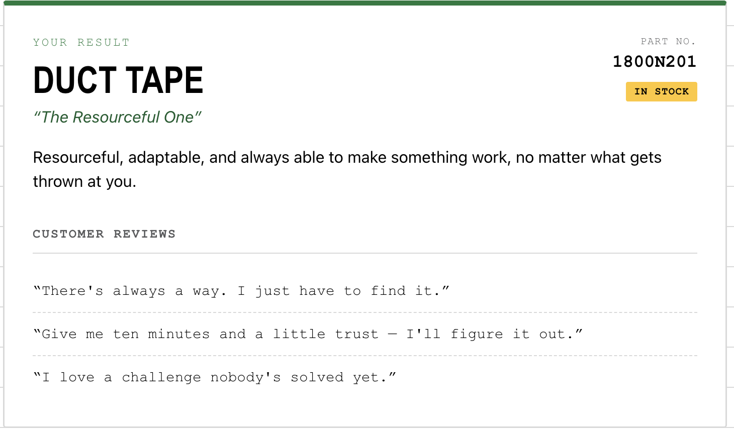 Quiz result card: Duct Tape, The Resourceful One