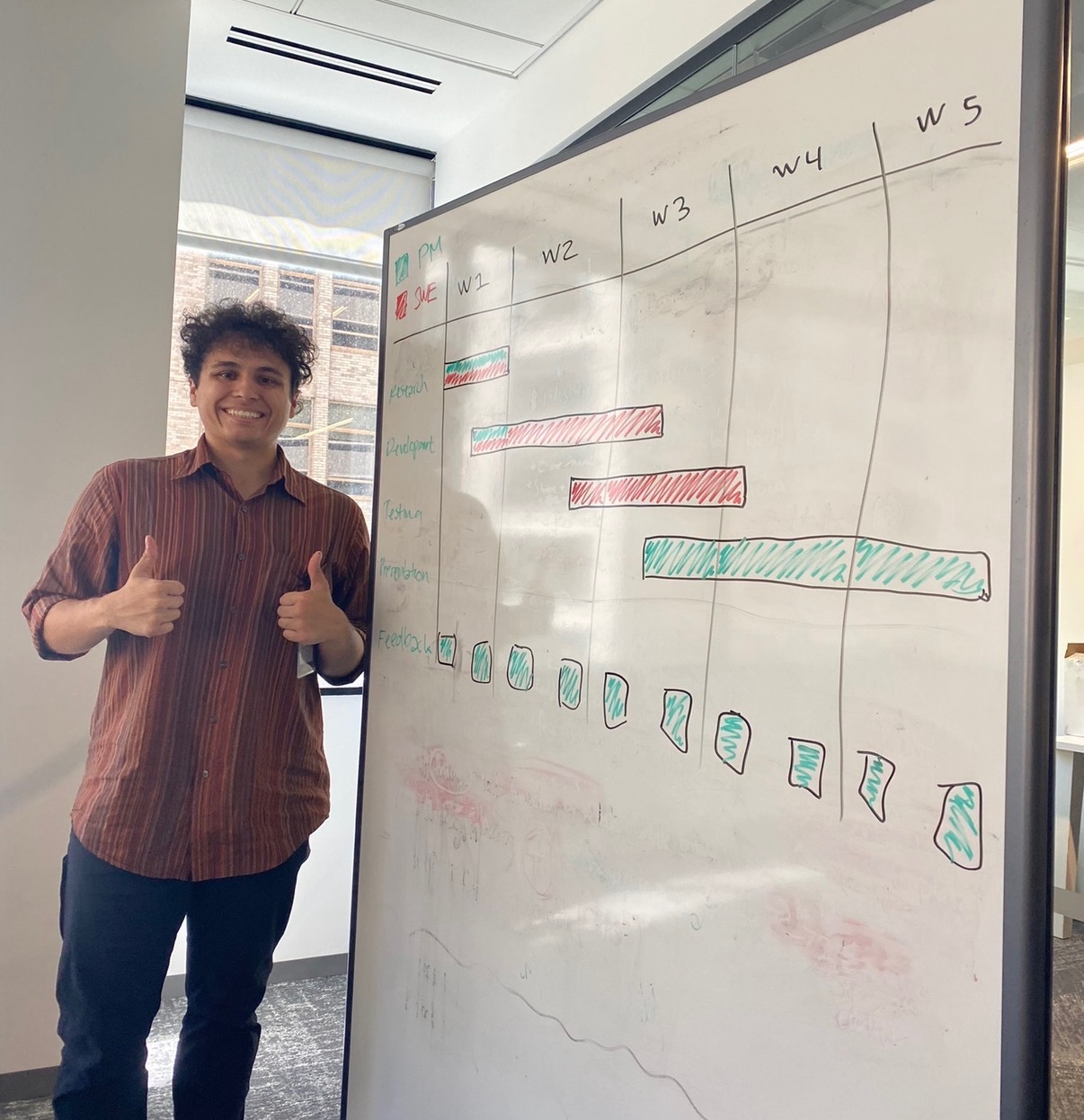 Whiteboard roadmap mapping PM and SME workstreams across five weeks